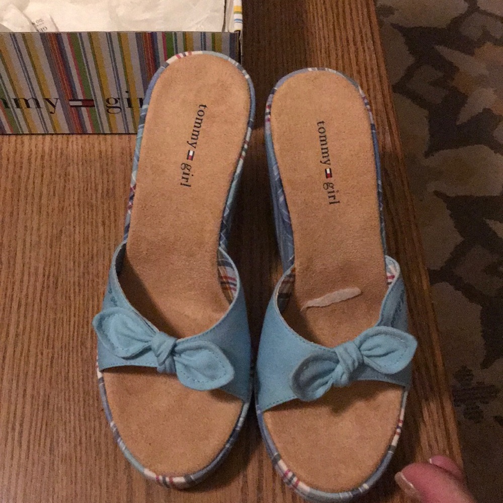 Tommy Hilfiger Blue Plaid Wedge Sandals - Picture 2 of 4